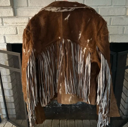 Brown White Hair On Cowhide Jacket With Fringe