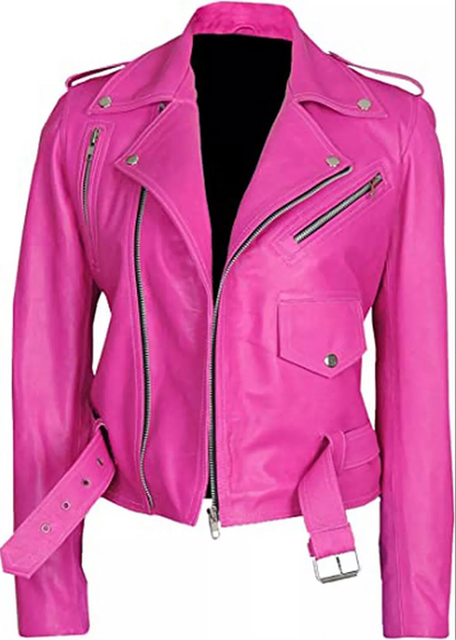 Women's Pink Genuine Leather Biker Motorcycle Jacket