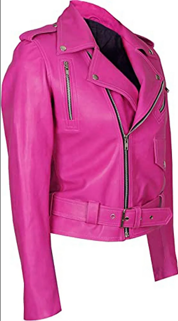 Women's Pink Genuine Leather Biker Motorcycle Jacket