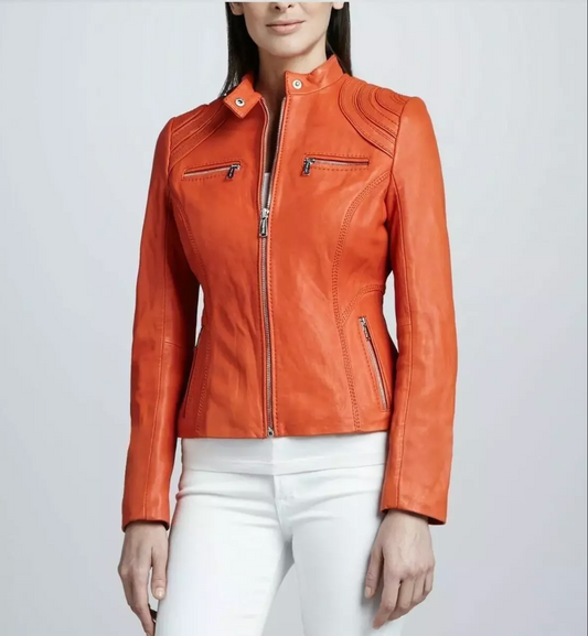 Orange Leather Jacket Women Biker Jacket