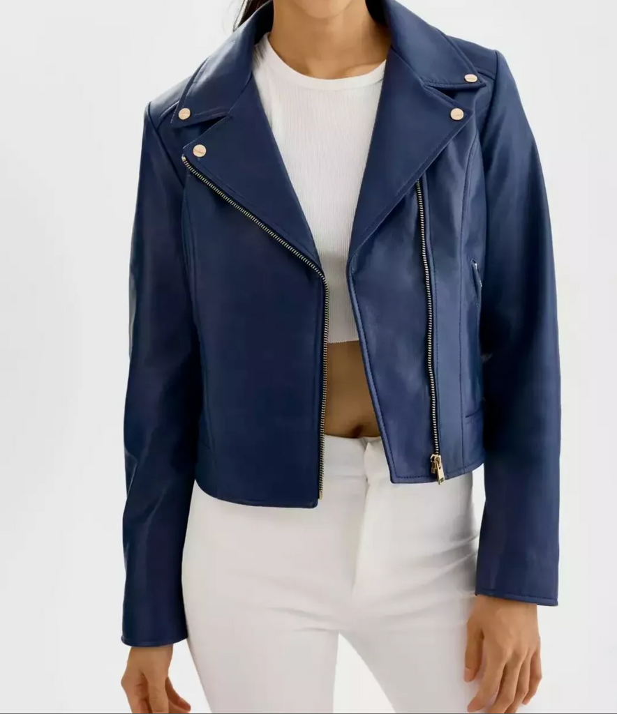 Women Blue BiLeather Jacket Biker