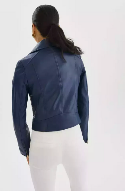 Women Blue BiLeather Jacket Biker