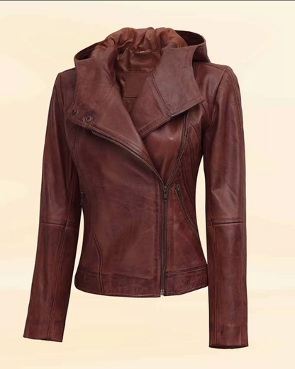 Women's Brown Hooded Leather Jacket