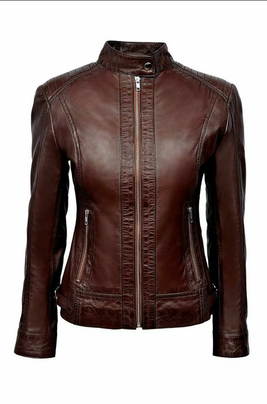 Women's Genuine Leather Biker Brown Jacket