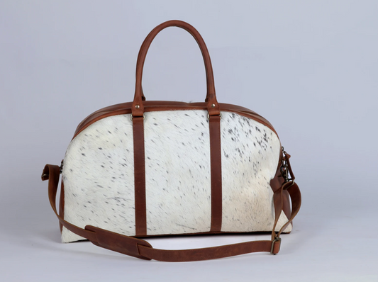 White Cowhide Overnight Bag with Rich Brown Leather Trim