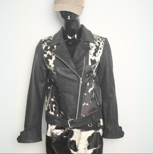 Women’s cow fur jacket made from genuine cowhide and sheepskin leather, designed with natural patterns and custom sizing options.

