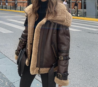 Women’s Genuine Leather Bomber Shearling Jacket