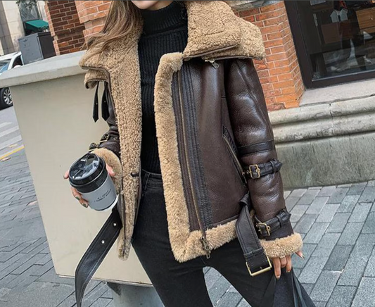 Women’s Genuine Leather Bomber Shearling Jacket