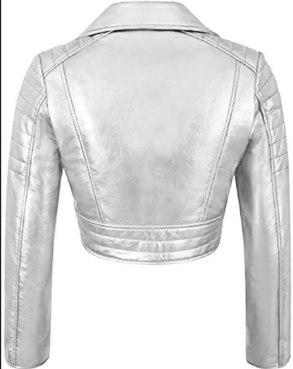 Women's Shiny Silver Motorcycle Leather Jacket