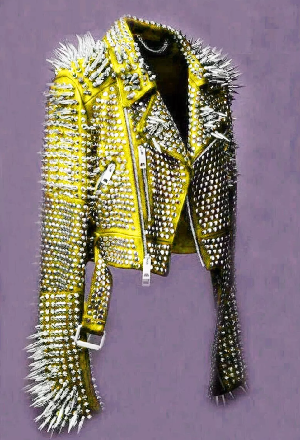 Men's Punk Yellow Long Spiked Studded Leather Jacket