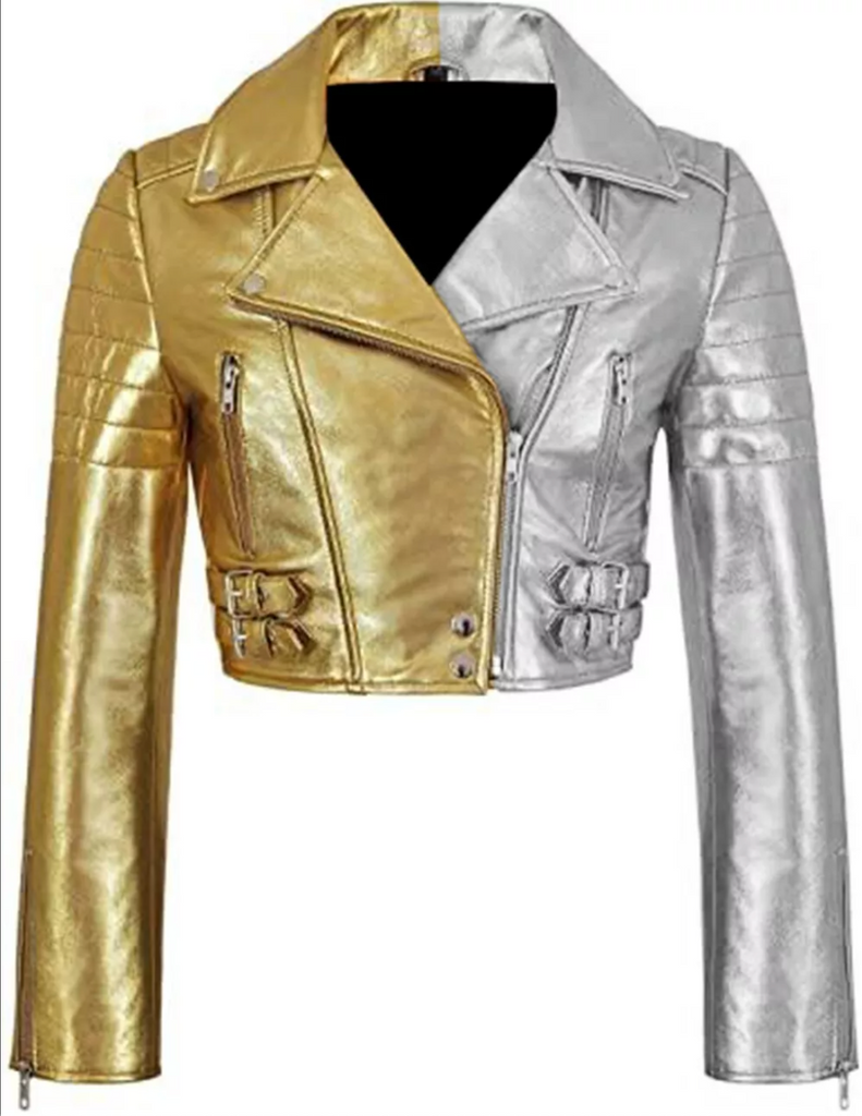 Women's Silver Gold Motorcycle Jacket Short Body