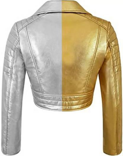 Women's Silver Gold Motorcycle Jacket Short Body