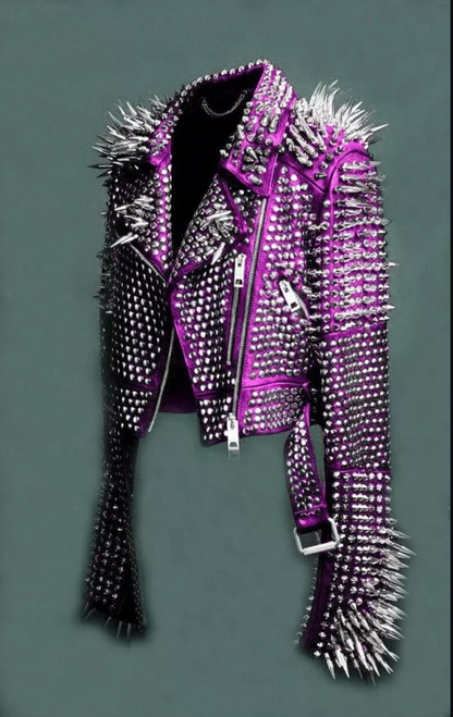 Women's Purple Long Spiked Studded Leather Jacket