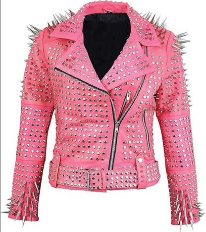 Women's Punk Pink Long Spiked Studded Leather Jacket