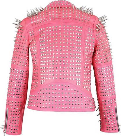 Women's Punk Pink Long Spiked Studded Leather Jacket