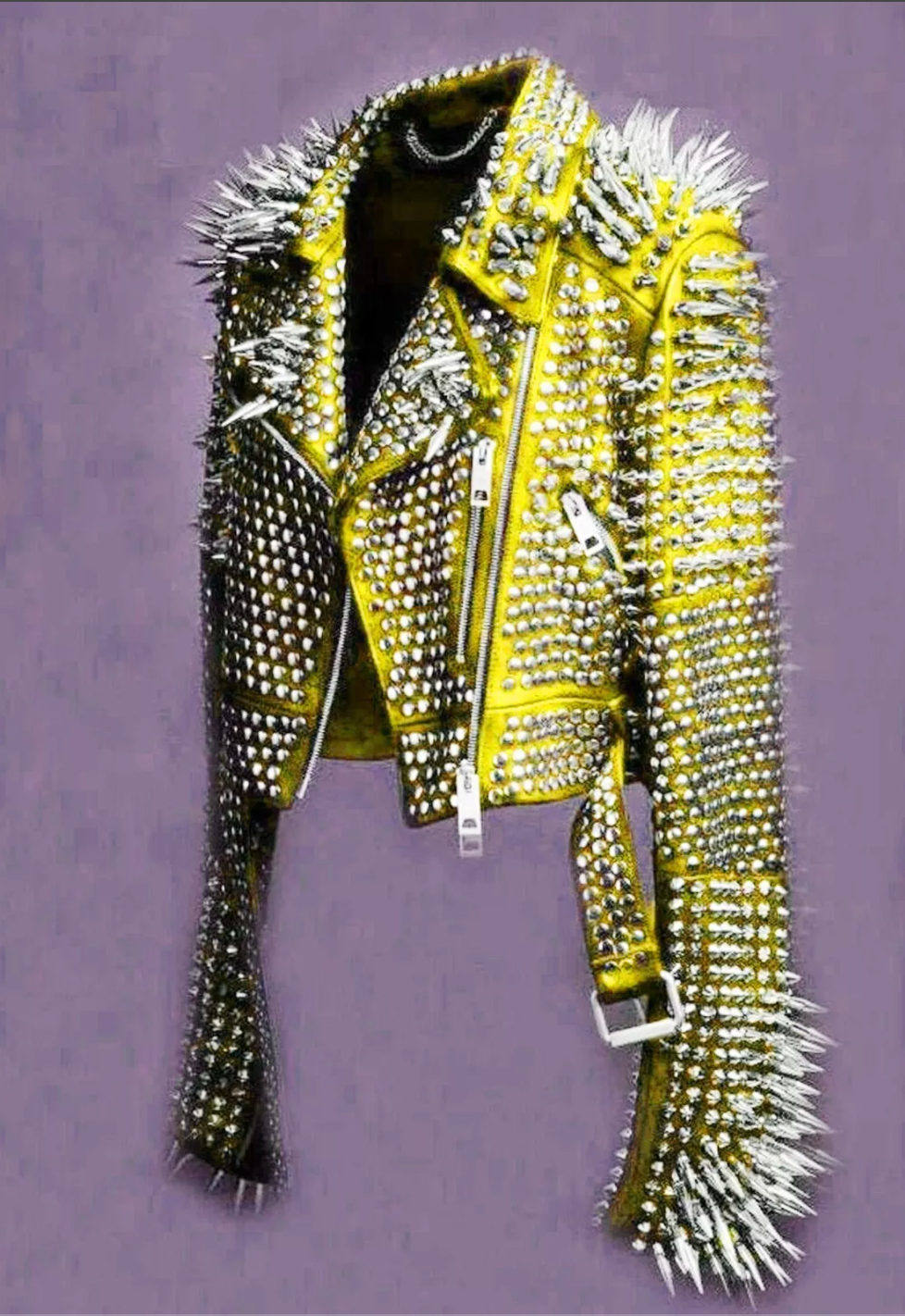 Women Punk Yellow Spiked Studded Motorcycle Leather Jacket