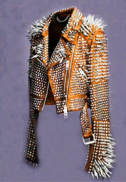 Punk Orange Long Spiked Studded Leather Jacket