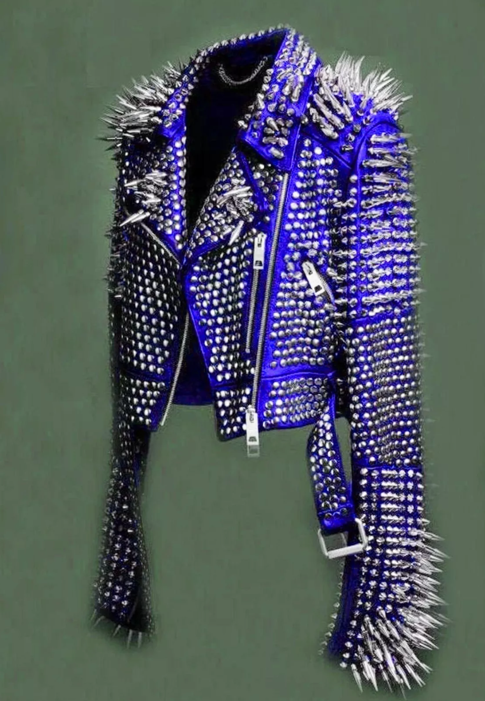 Women's Blue Long Spiked Studded Leather Jacket