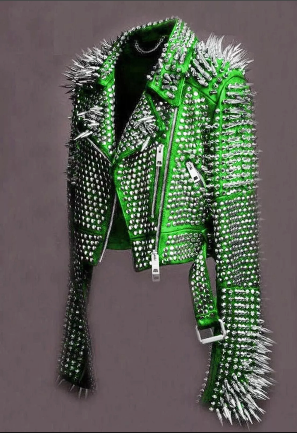 Women's Green Spiked Studded Leather Jacket