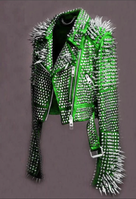 Women's Green Spiked Studded Leather Jacket