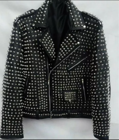 Men Leather Silver Studs Jacket