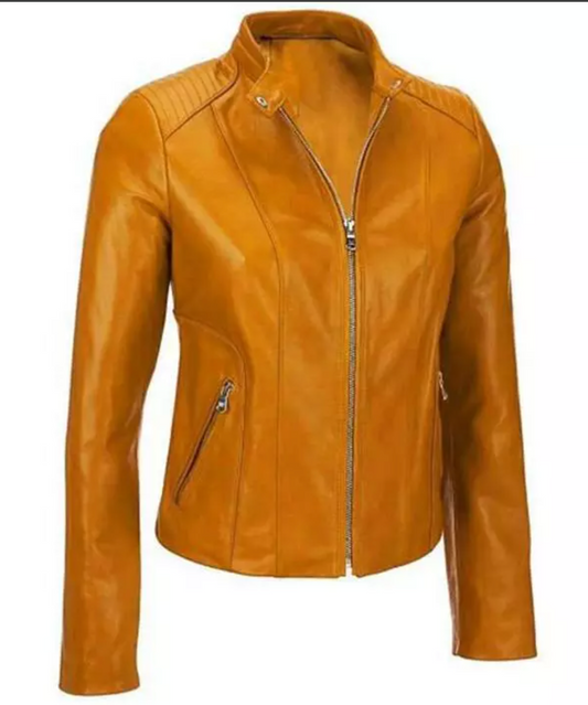 Women's Tan Moto Lambskin biker Jacket