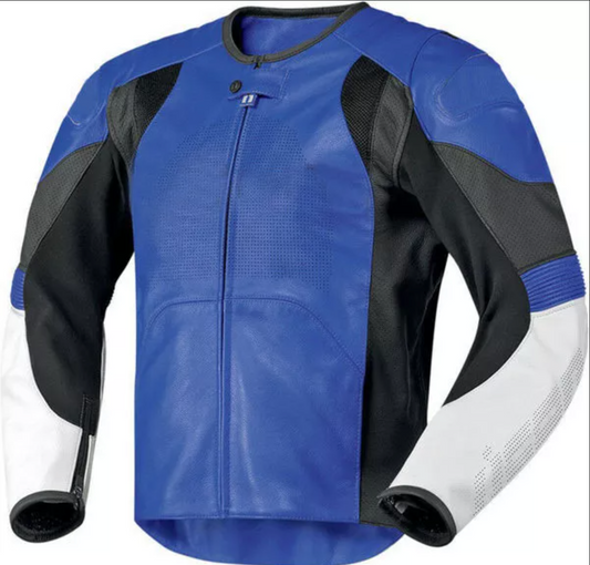 Men's Leather Motor Cycle Leather Jacket Blue Black White