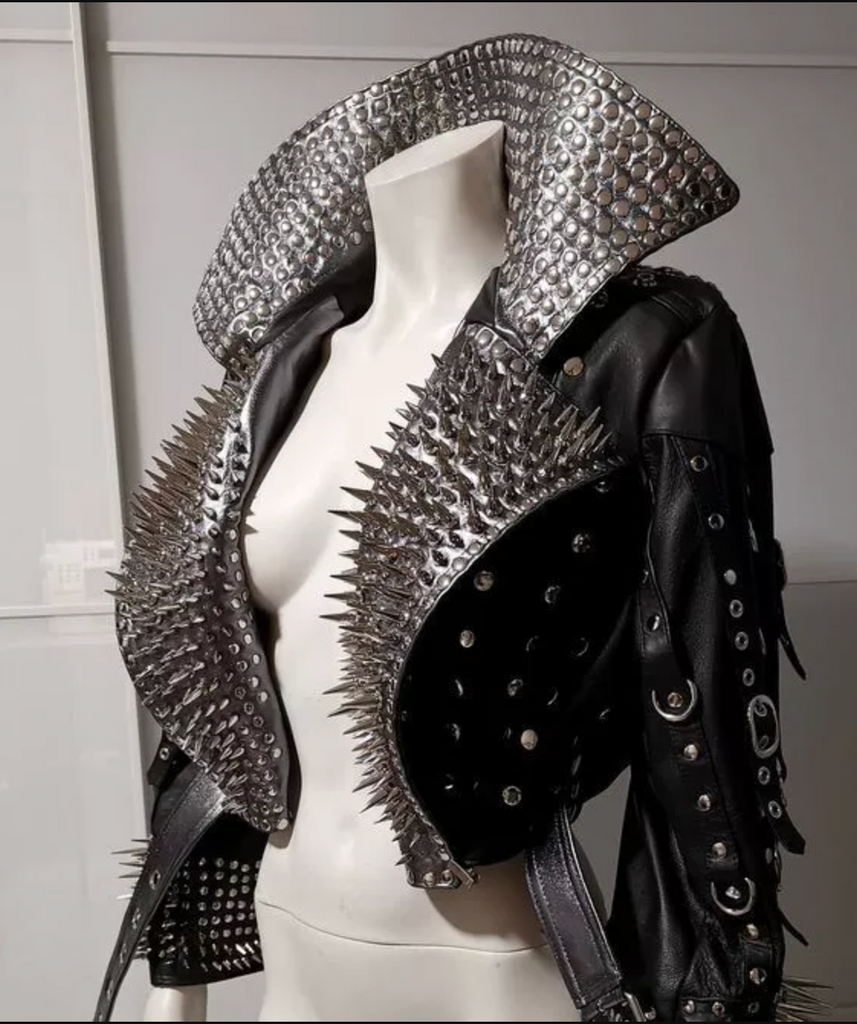 Women's Punk Black Leather Jacket with Silver Spikes and Studs