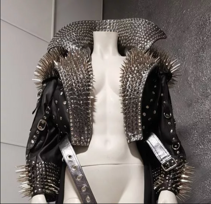 Women's Punk Black Leather Jacket with Silver Spikes and Studs