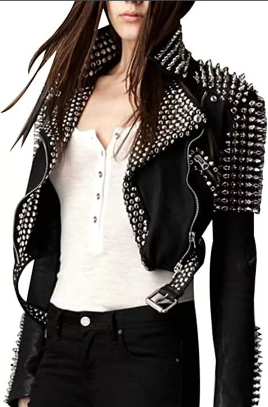 Punk Gothic Spiked Leather Biker Jacket for Women