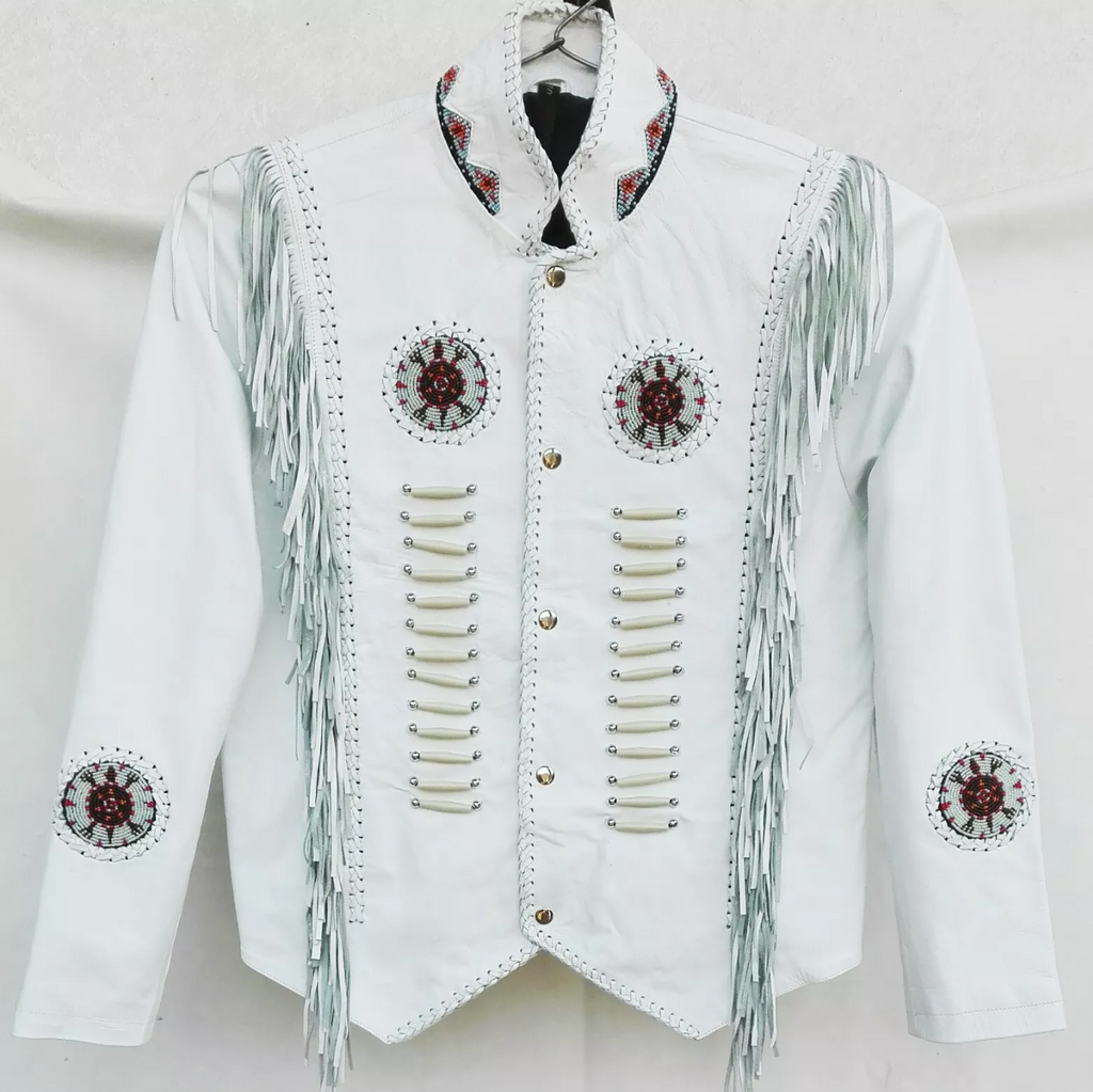 Men's White Western Leather Fringe Jacket