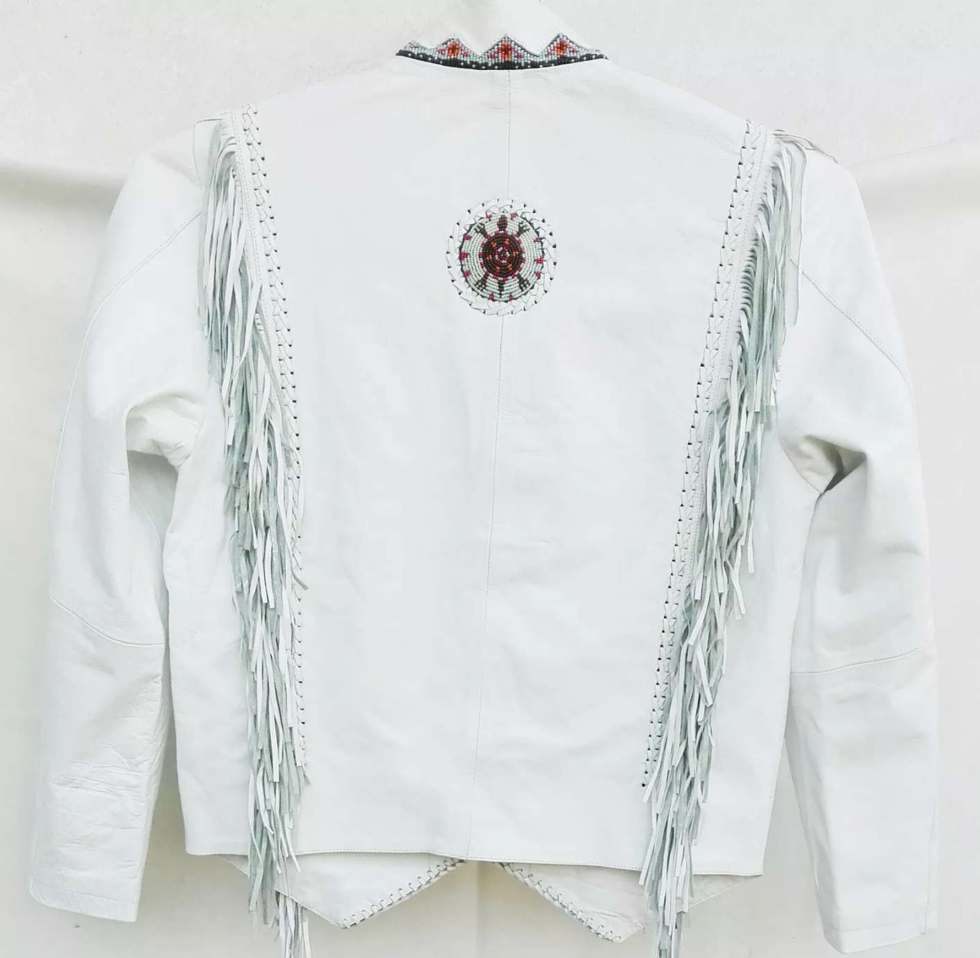 Men's White Western Leather Fringe Jacket