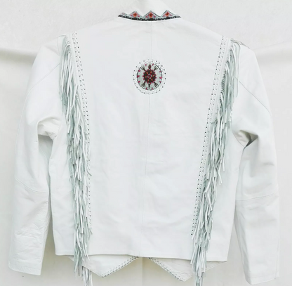 Men's White Western Leather Fringe Jacket