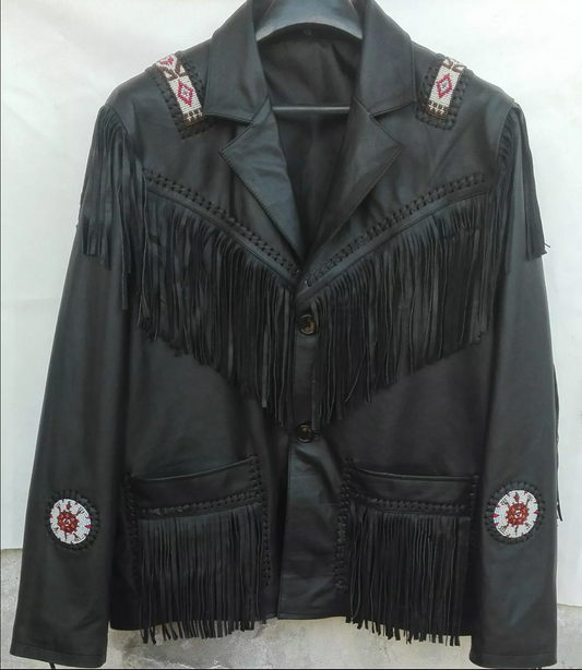 Black Western Fringe Leather Jacket with Beads