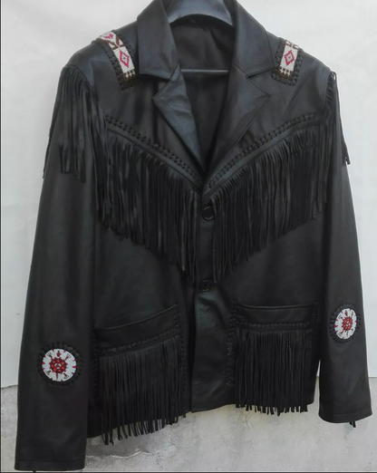 Black Western Fringe Leather Jacket with Beads