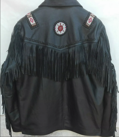 Black Western Fringe Leather Jacket with Beads