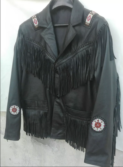 Black Western Fringe Leather Jacket with Beads