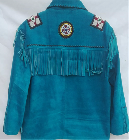 Men's Western Blue Suede Fringe Jacket with Eagle Beads