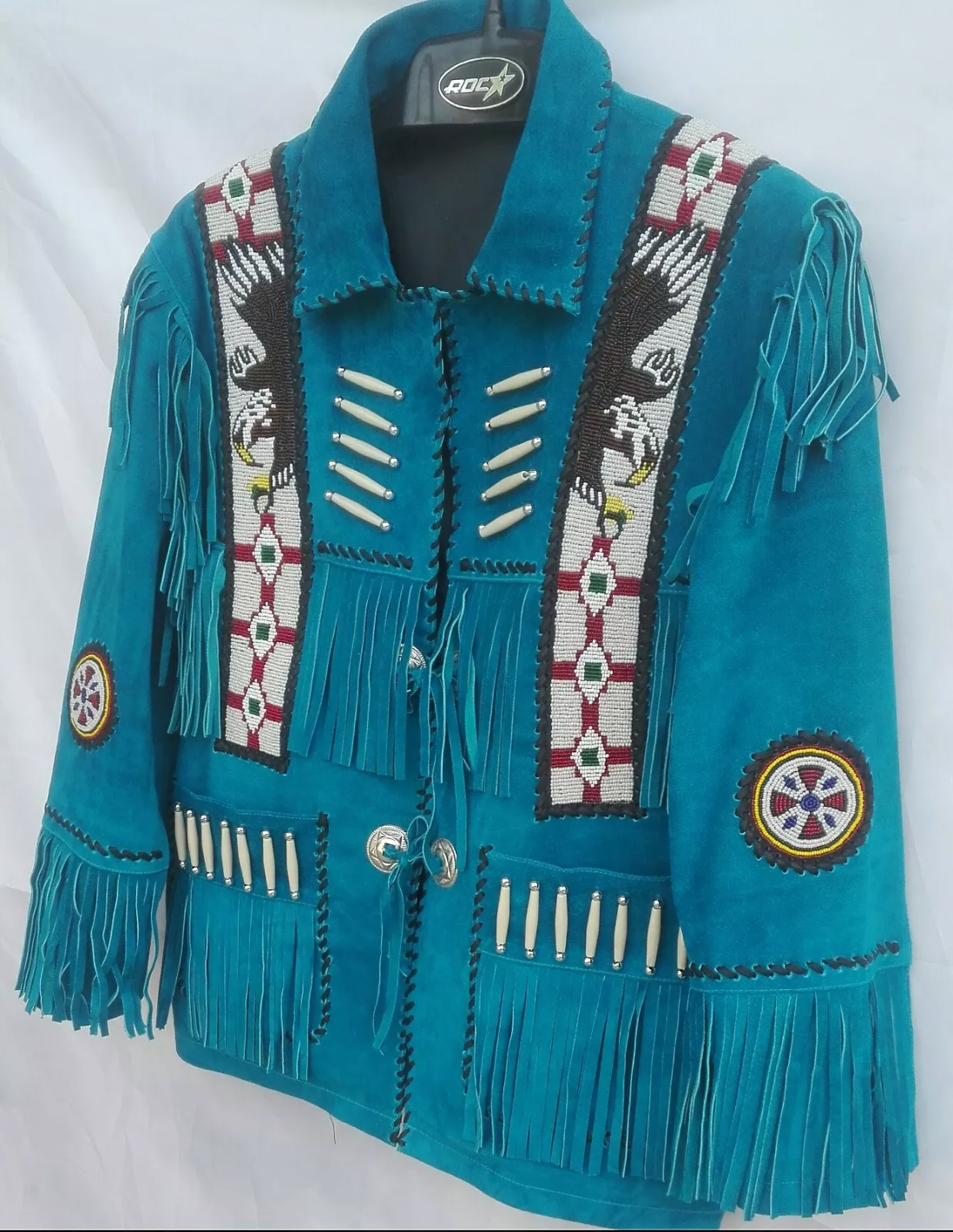 Men's Western Blue Suede Fringe Jacket with Eagle Beads