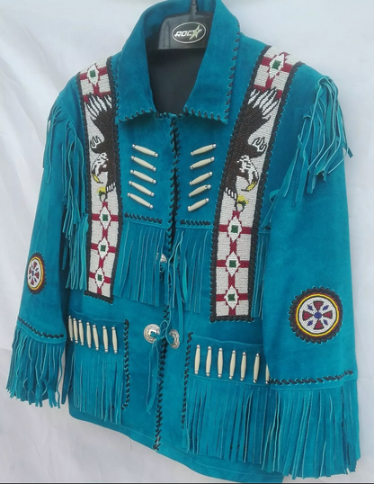 Men's Western Blue Suede Fringe Jacket with Eagle Beads