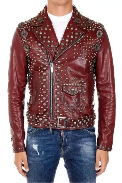 Maroon Studded Brando Motorcycle Leather Jacket