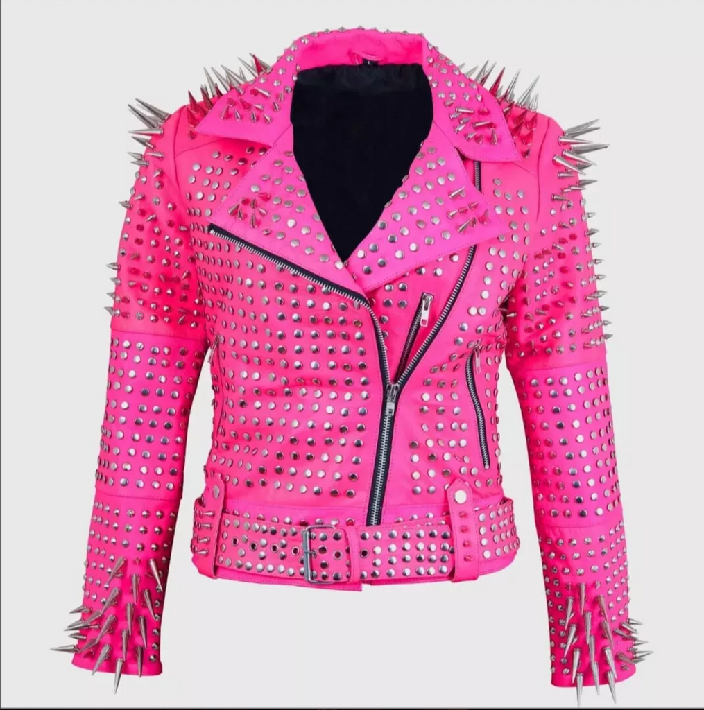 Women's Pink Studded Leather Jacket with Spikes