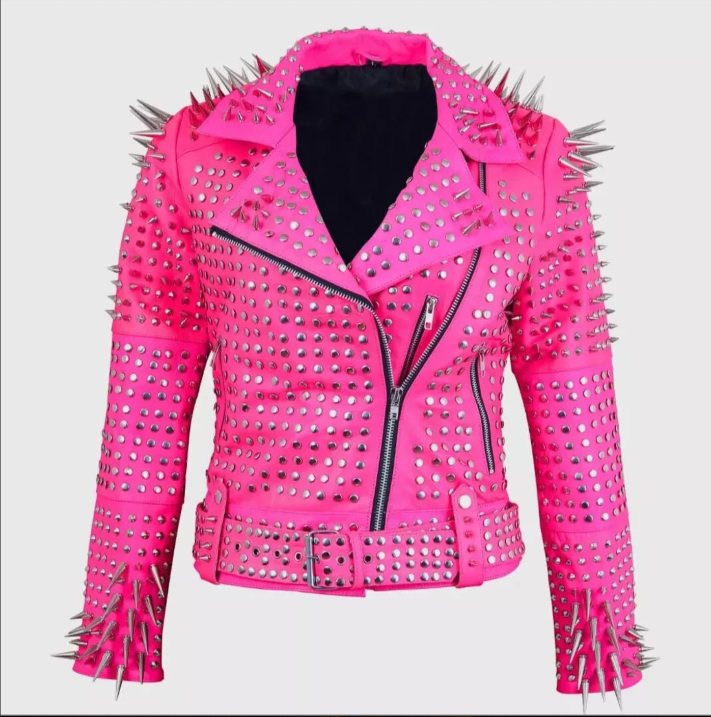 Women's Pink Studded Leather Jacket with Spikes