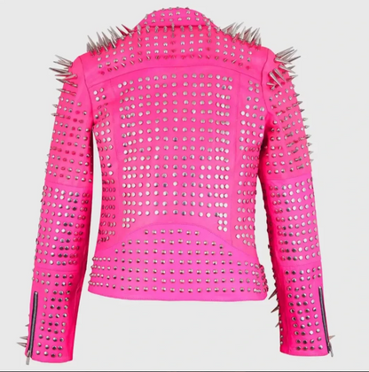 Women's Pink Studded Leather Jacket with Spikes