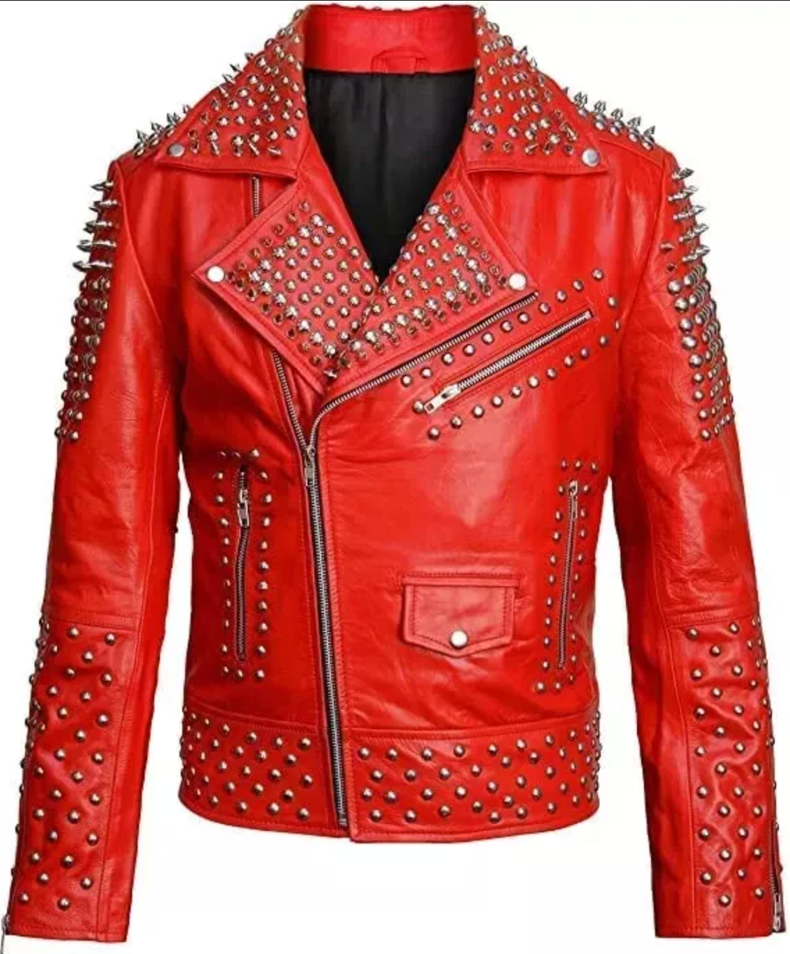 Men's Red Punk Studded Leather Biker Jacket