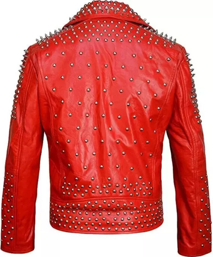 Men's Red Punk Studded Leather Biker Jacket