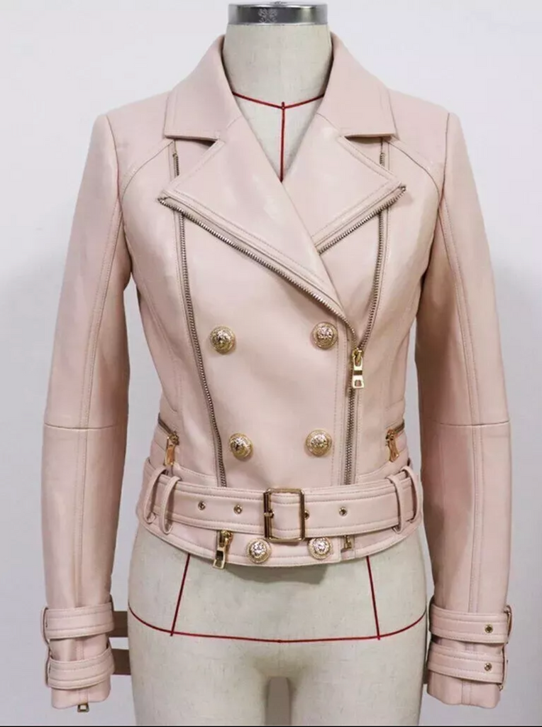 Women's Pink Real Leather Motor Bike Jacket