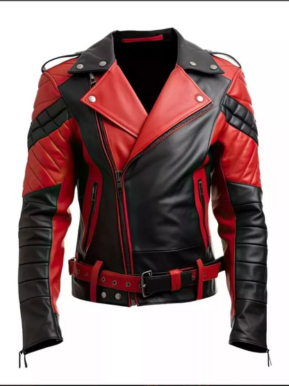 Men Black Red Biker Real Leather Jacket