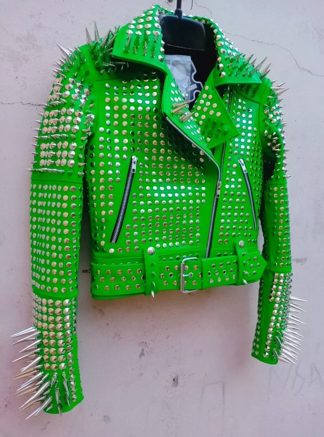 Women's Spiked Studded Green Leather Jacket