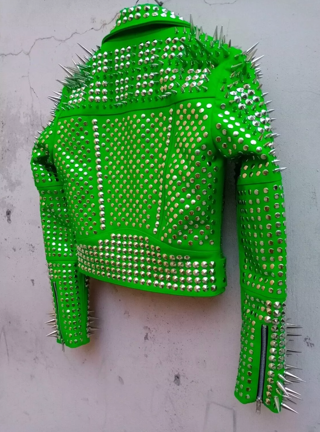 Women's Spiked Studded Green Leather Jacket